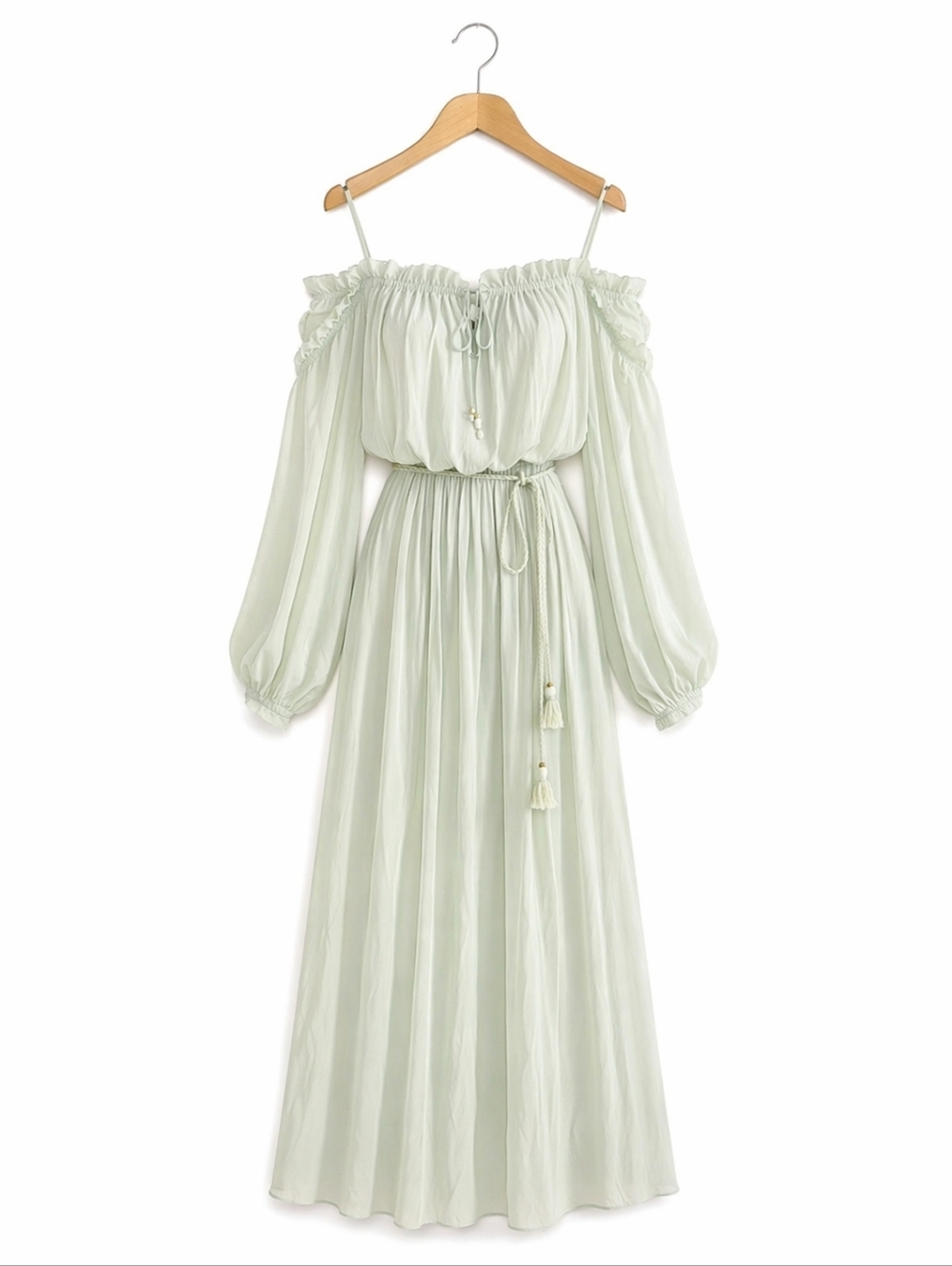 Off-Shoulder Long Sleeve Maxi Dress in Pale Mint